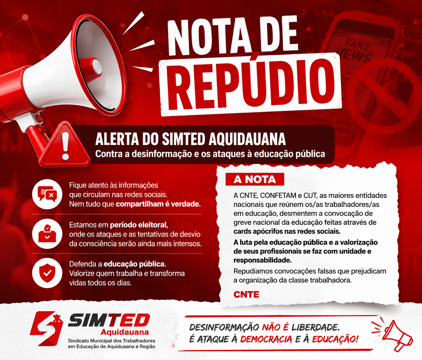 SIMTED Aquidauana alerta sobre falsas convocações de greve e disseminação de desinformação